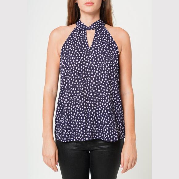 PLEIONE SPOTTED HALTER NECK KEYHOLE SLEEVELESS BLOUSE IN NAVY NWT WOMEN'S MEDIUM - Picture 1 of 13